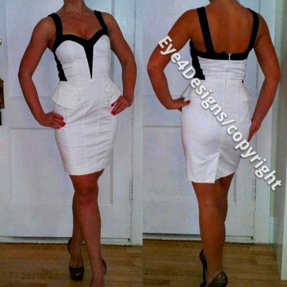 Bebe Elegant White Black Peplum Dress XS 2 - Picture 1 of 1